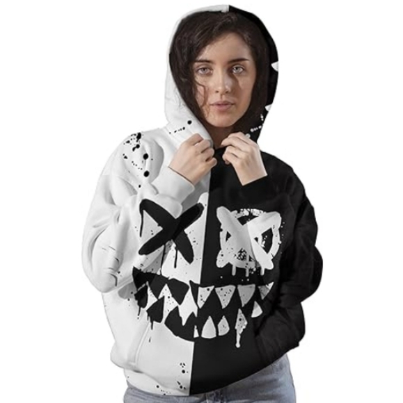 3D Print Pullover Hoodie Sweatshirt Women /Men Black White Smile - Picture 1 of 7